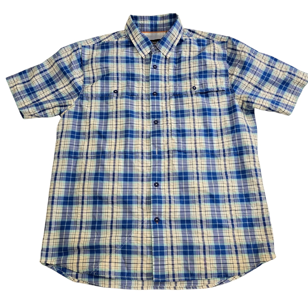 Orvis Mens Shirt Medium Active Fit Mesh Nylon Button Up Outdoor Blue And White
